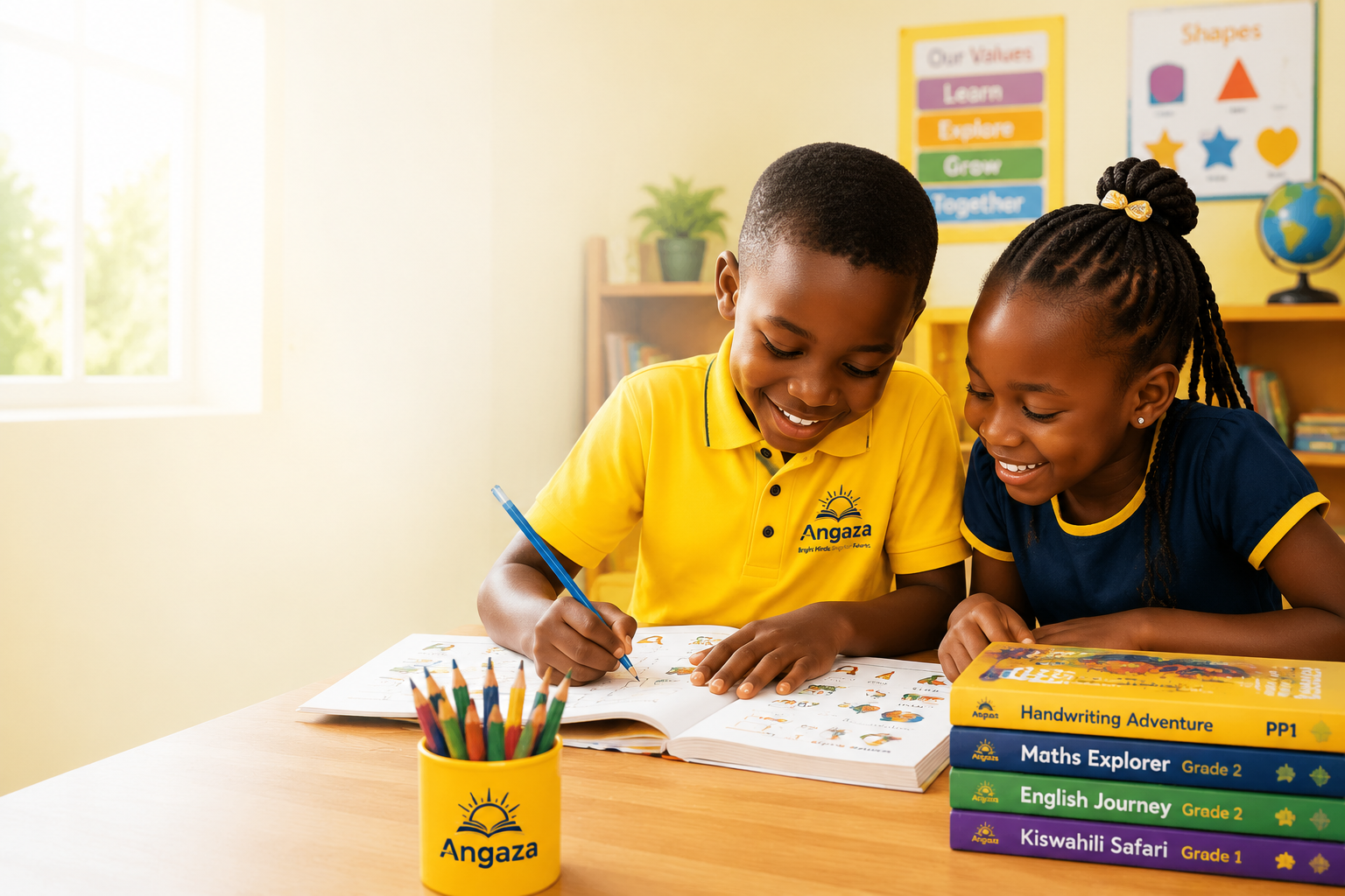 Two Angaza students smiling together over a handwriting activity
